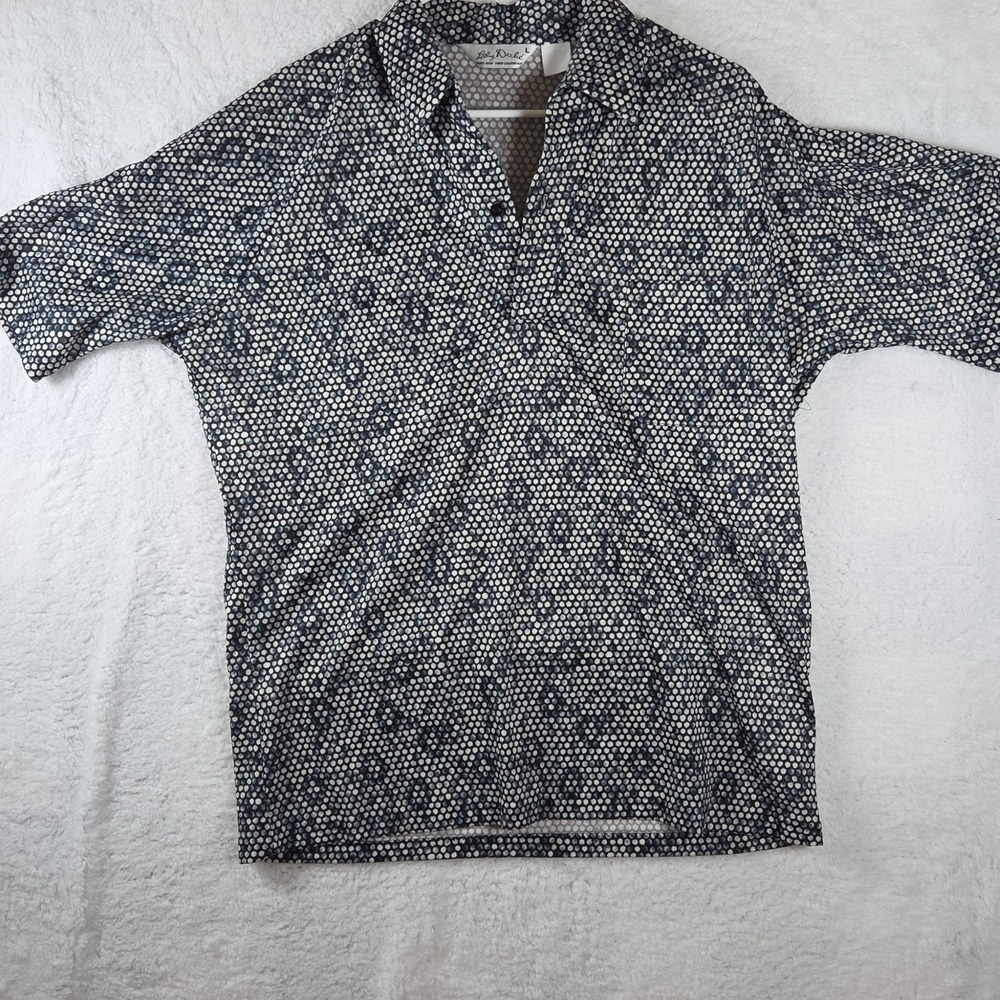 Lilly Dache Mens Blue White Geometric Honeycomb Print Short Sleeve Polo Shirt L